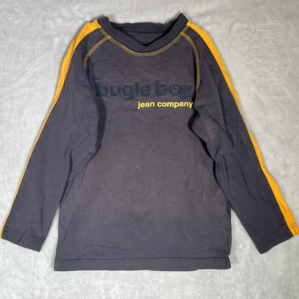 Vtg Bugle Boy Jean Co Kids Small 6/7 Long Sleeve Shirt Gray Yellow‎ 90s Raglan